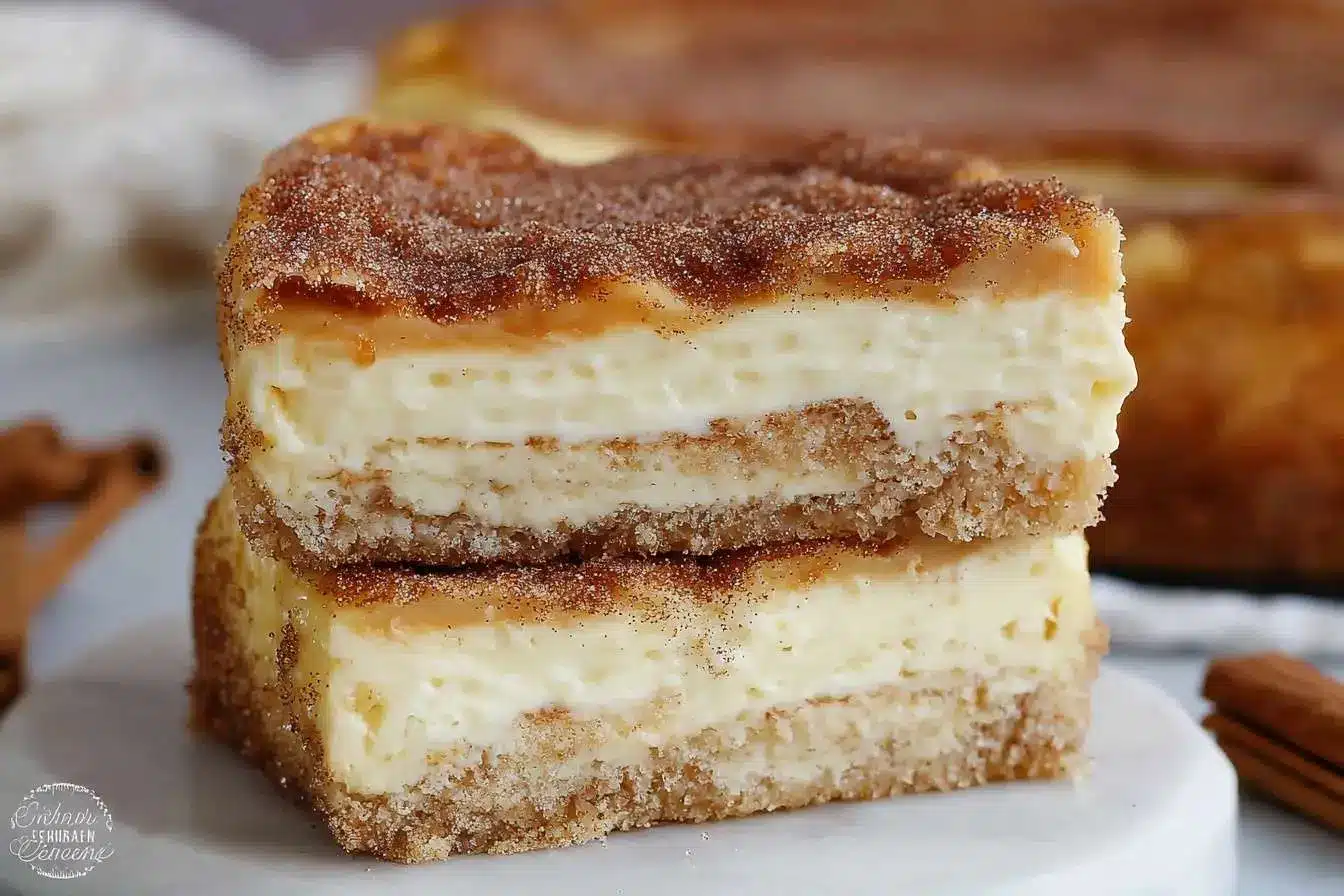 A close-up of two stacked Churro Cheesecake Bars, showcasing the creamy filling and sparkling cinnamon-sugar topping.