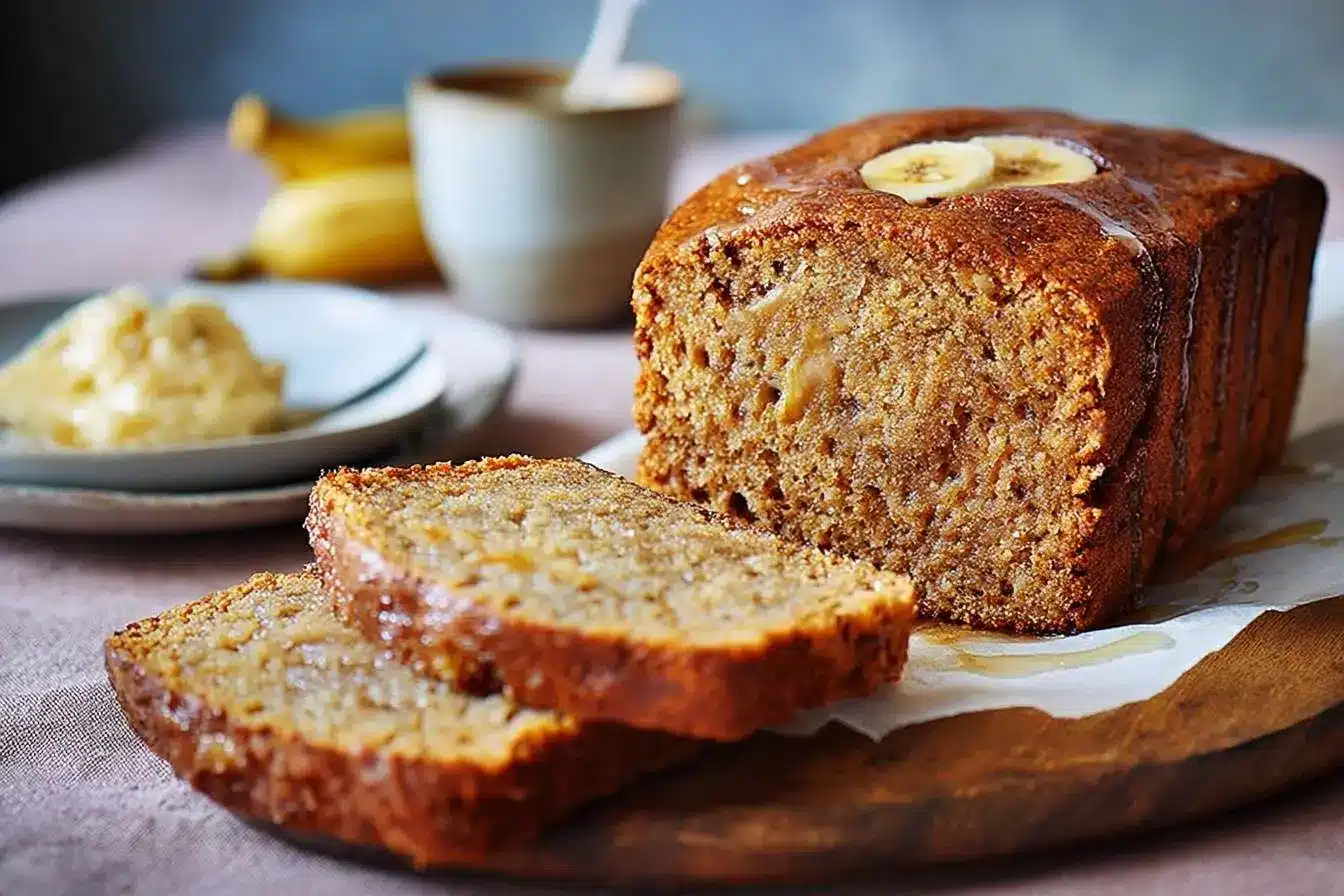 A freshly baked and sliced loaf from a {{ $('Fetch Recipe Data').first().json["Main Keyword"] }}, drizzled with glaze on a wooden board.
