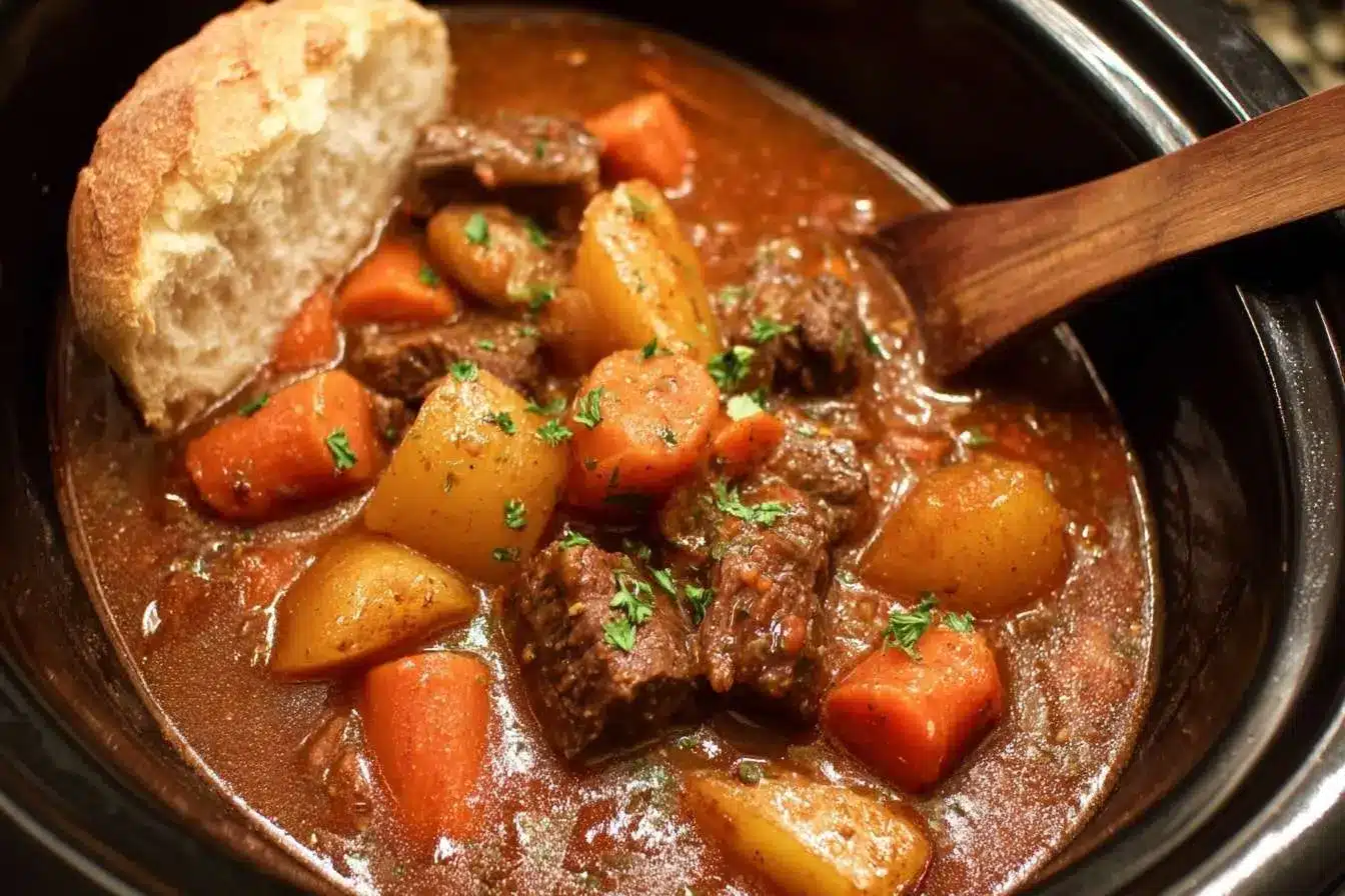 A hearty slow cooker beef stew with tender beef, carrots, and potatoes, served with a piece of crusty bread for dipping.