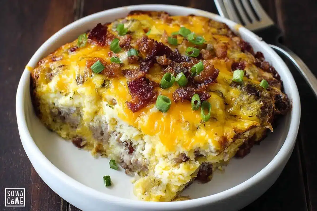 A close-up slice of a hearty sausage and egg casserole in a white bowl, topped with melted cheddar cheese, bacon, and green onions.