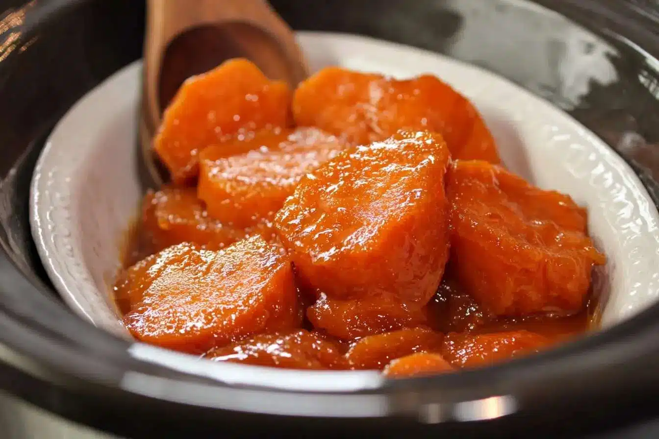 A close-up of a white bowl filled with tender, glazed candied yams being served from a slow cooker with a wooden spoon.