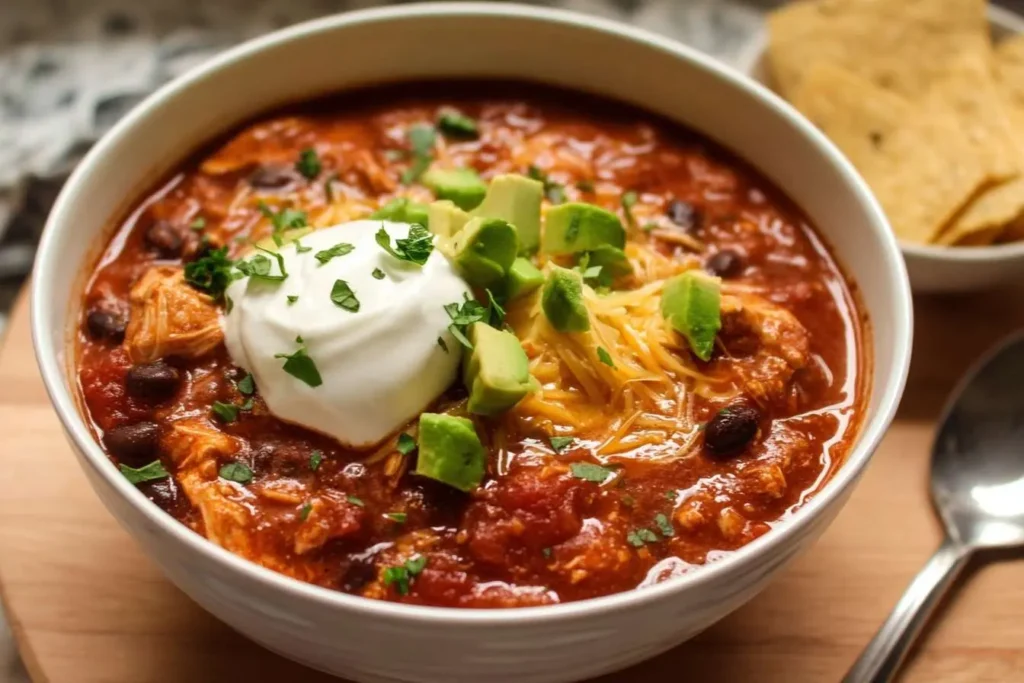 A hearty bowl of chicken chili from an easy chicken chili recipe, garnished with sour cream, shredded cheese, and diced avocado.