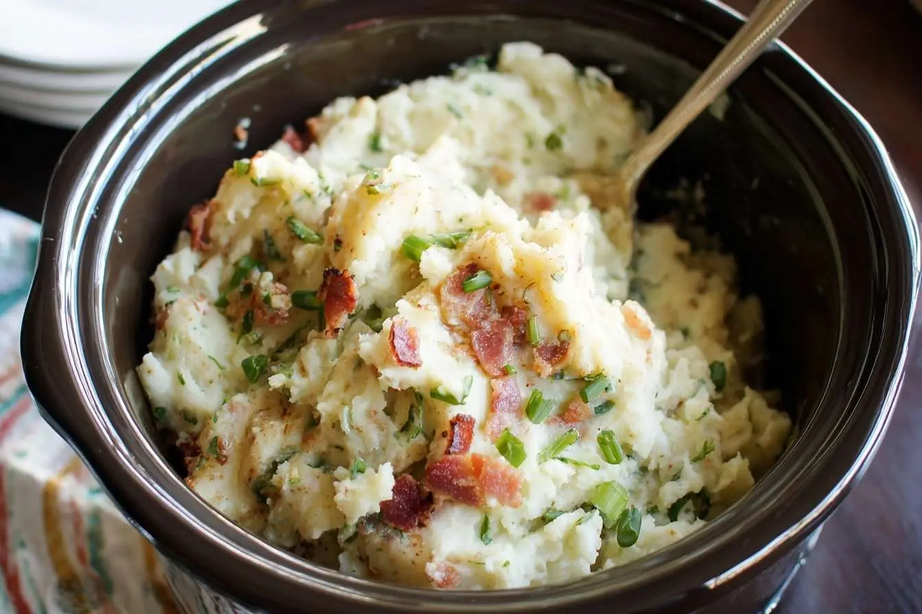 A dark brown slow cooker insert filled with creamy slow cooker mashed potatoes, topped with crispy bacon and fresh chives.
