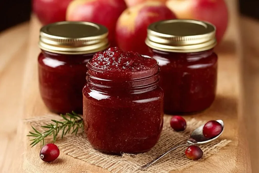 Three small glass jars of homemade Cranberry Sauce, one open in front, with fresh cranberries, apples, and a sprig of rosemary.