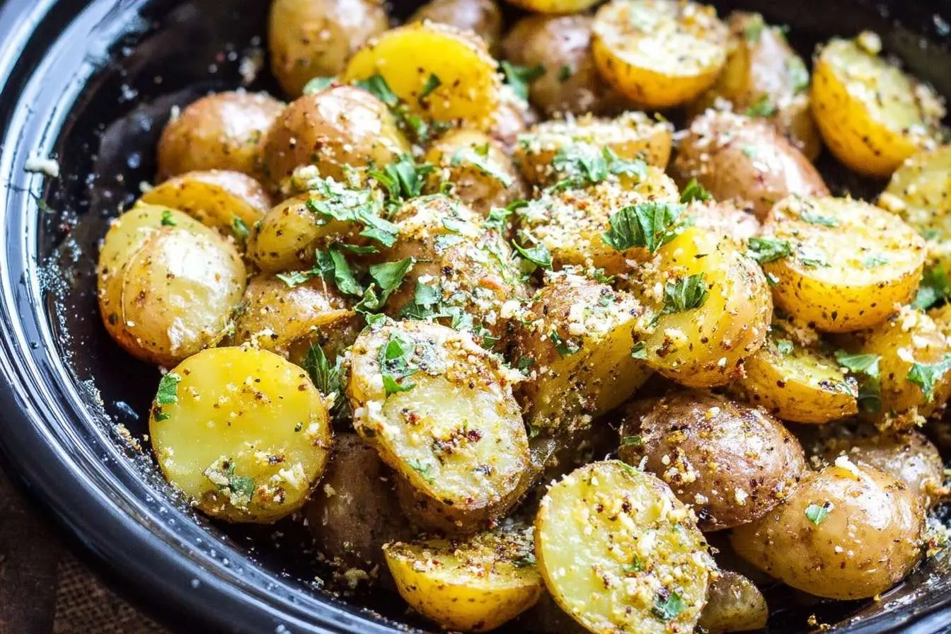 A close-up of slow cooker potatoes, halved and garnished with Parmesan cheese and fresh parsley in a black crockpot bowl.