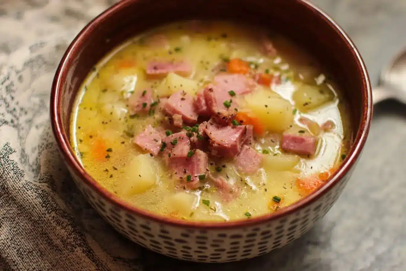 A rustic bowl filled with creamy ham and potato soup, featuring chunks of ham, potatoes, and carrots, garnished with herbs.