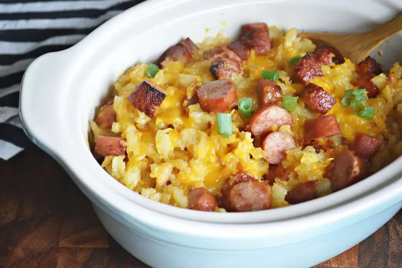 A close-up of a cheesy {{ $('Fetch Recipe Data').first().json["Main Keyword"] }} in a white baking dish, topped with browned sausage and green onions.