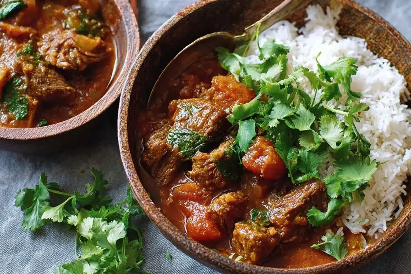 A rustic wooden bowl filled with a hearty lamb and apricot curry, served alongside white rice and garnished with fresh cilantro.