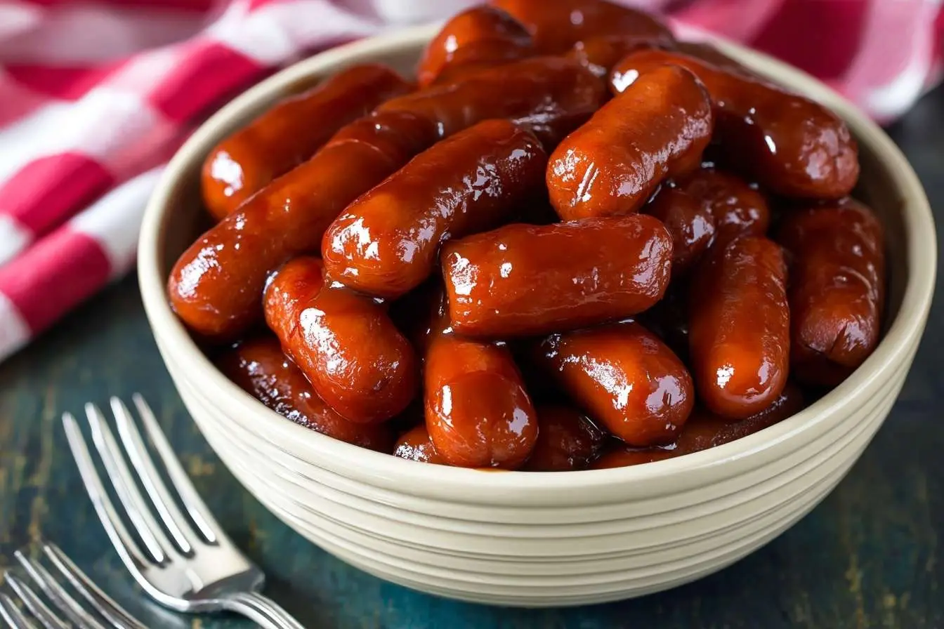 A beige bowl filled with saucy Crockpot Little Smokies with two forks ready for serving on a blue table.