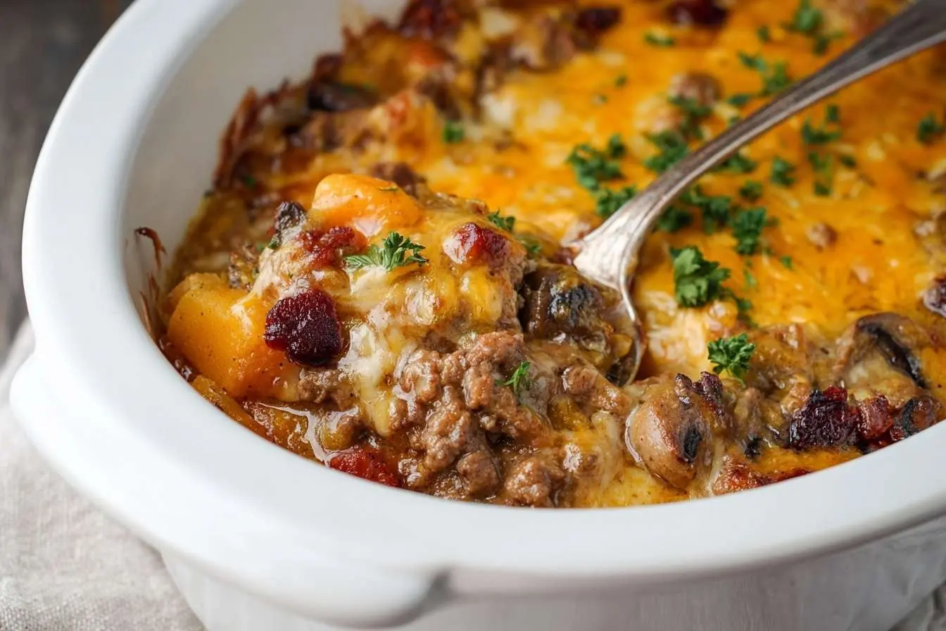 A close-up of a cheesy Hamburger Casserole in a white baking dish, with a spoon taking out a serving.