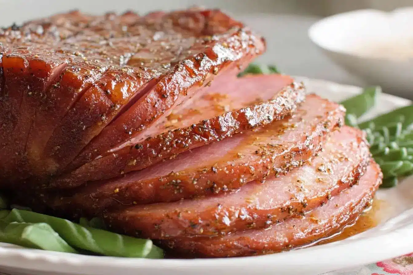 A beautiful glazed ham, sliced and served on a white platter with a garnish of fresh herbs.