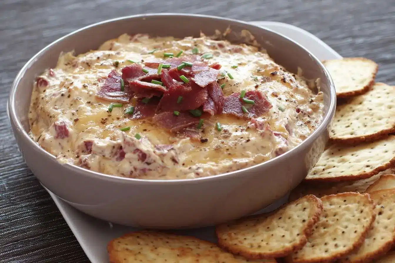 A grey bowl of warm and cheesy Reuben Dip, topped with corned beef and chives, served with crackers for dipping.