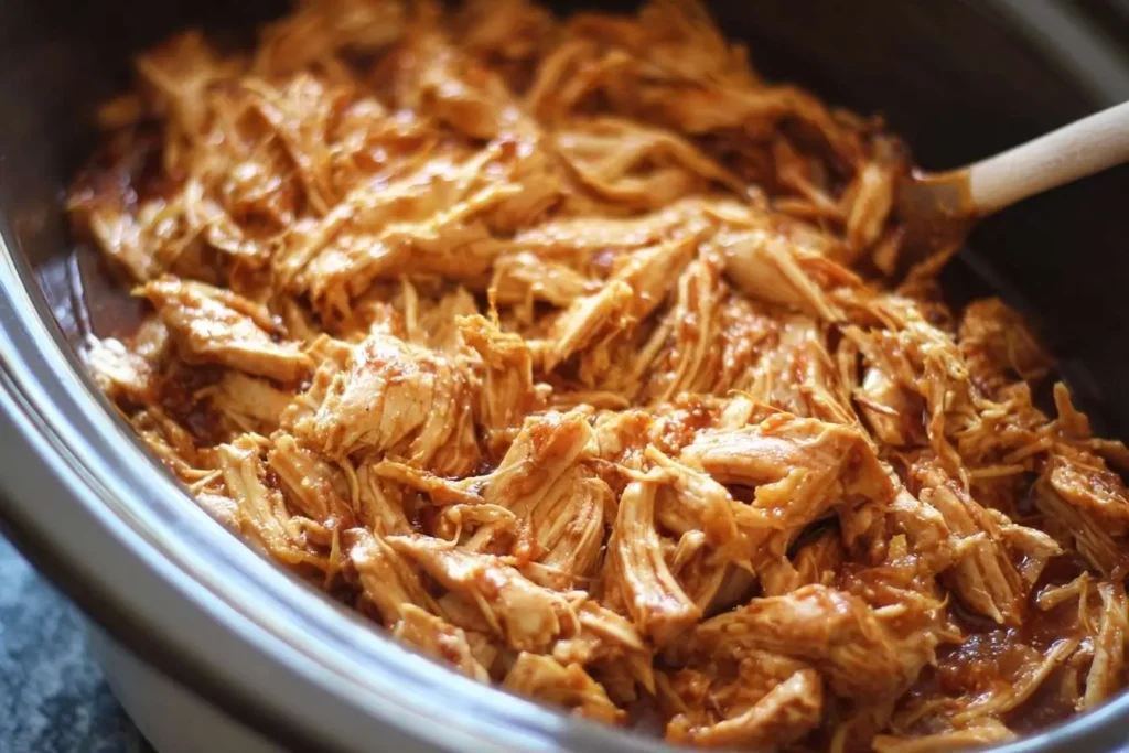 A close-up of tender, saucy slow cooker shredded chicken being stirred with a wooden spoon in a crock pot.