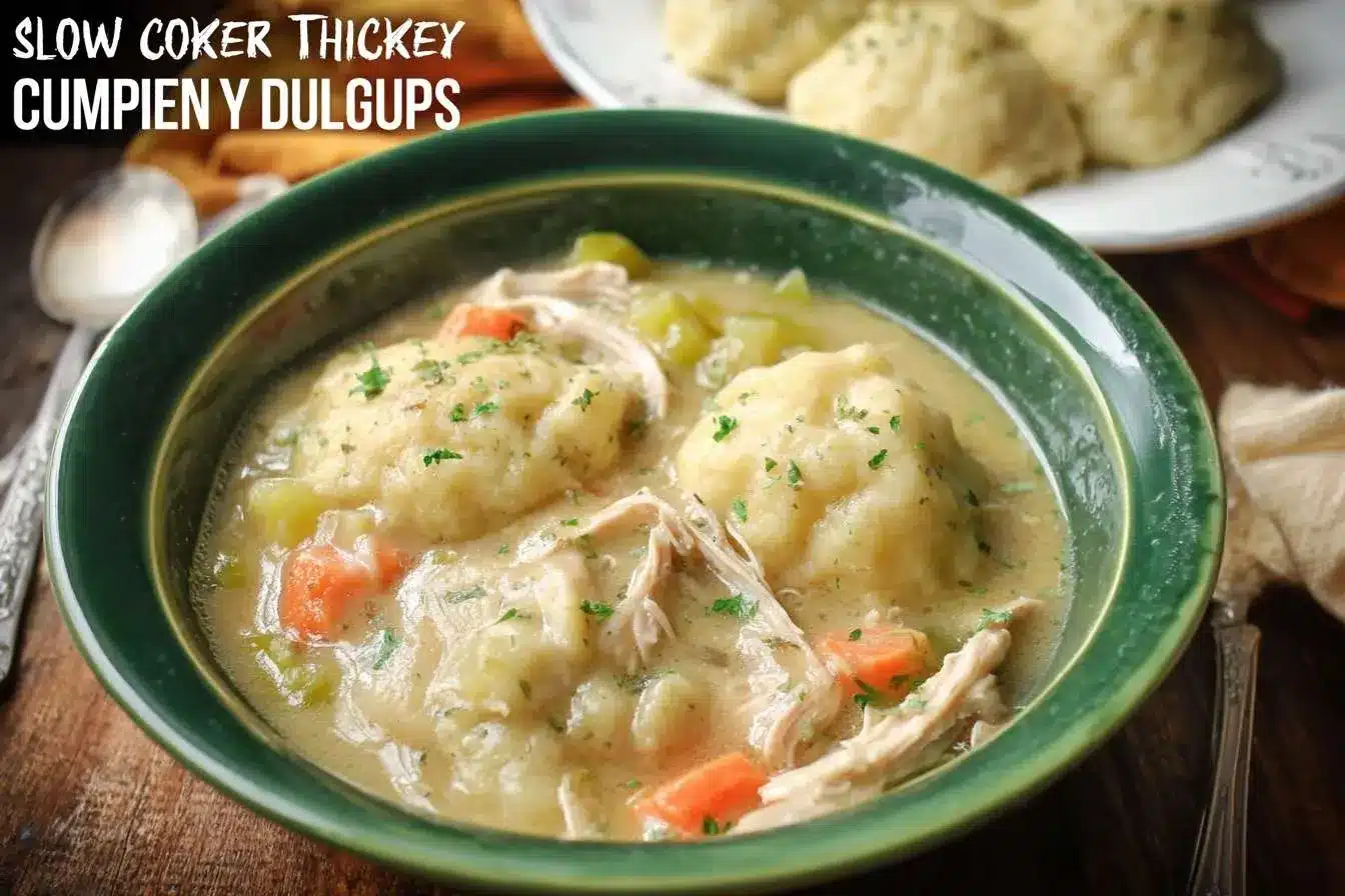 A comforting green bowl of slow cooker chicken and dumplings with carrots, celery, and fresh parsley.
