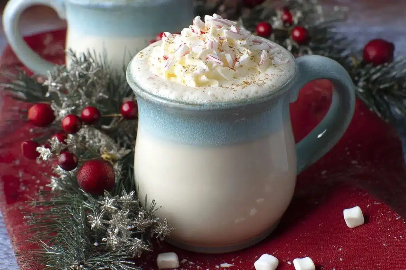 A festive mug of creamy White Hot Chocolate topped with whipped cream and crushed peppermint, surrounded by Christmas decorations.