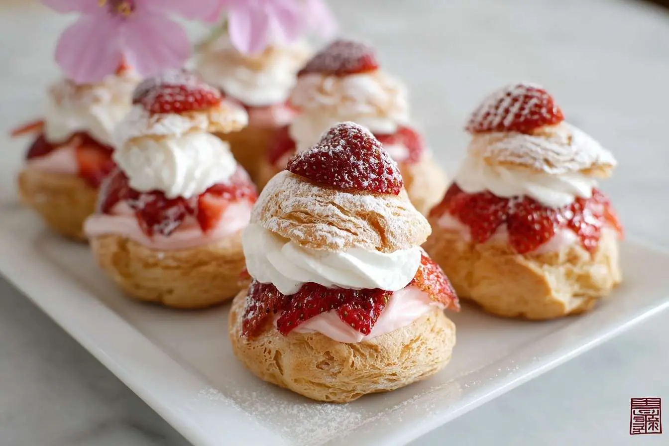 A platter of beautiful Strawberry Cream Puffs filled with pink cream and fresh berries, dusted with powdered sugar.