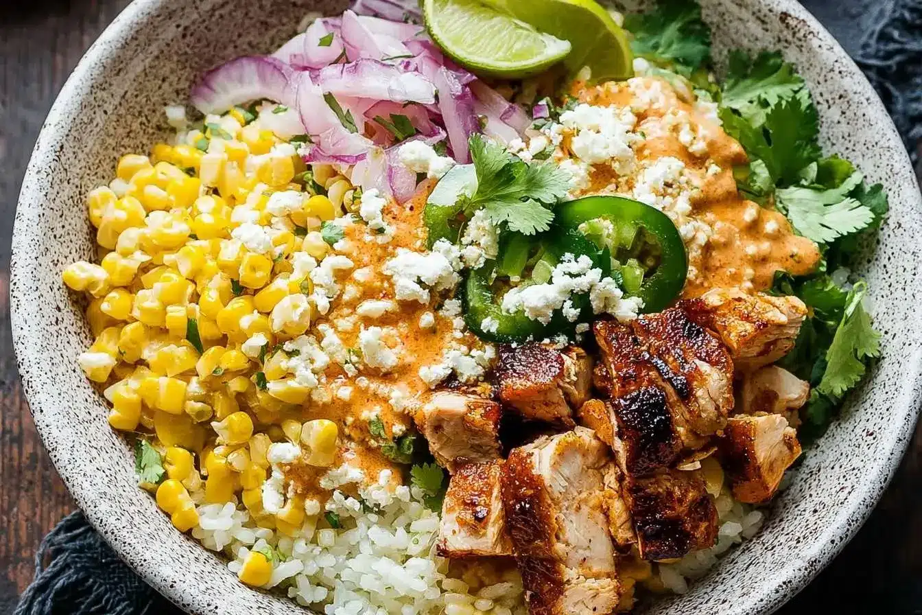 A close-up of a chicken burrito bowl with grilled chicken, corn, rice, cotija cheese, red onion, cilantro, and lime.