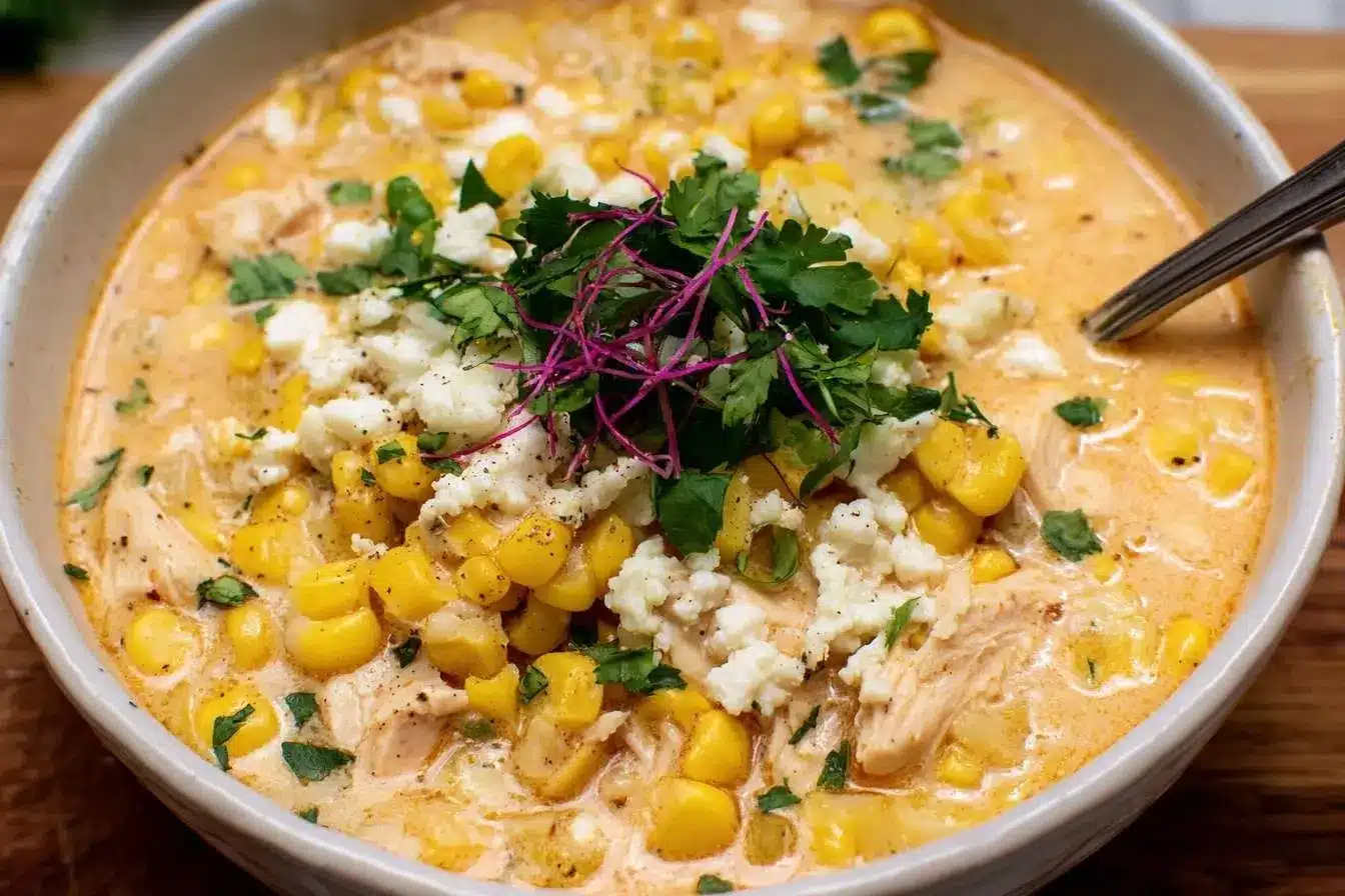 A close-up of a bowl of creamy Mexican street corn chowder with chicken, topped with cotija cheese, cilantro, and microgreens.