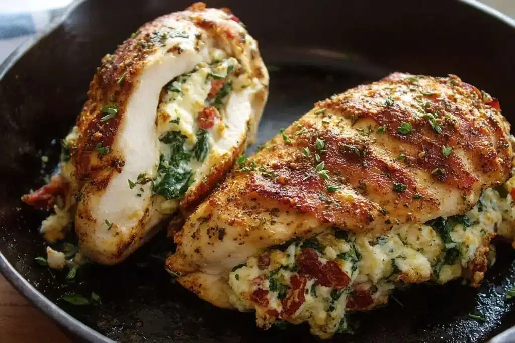 Two golden-brown {{ $('Fetch Recipe Data').first().json["Main Keyword"] }} in a skillet, one sliced open to reveal a creamy spinach and cheese filling.