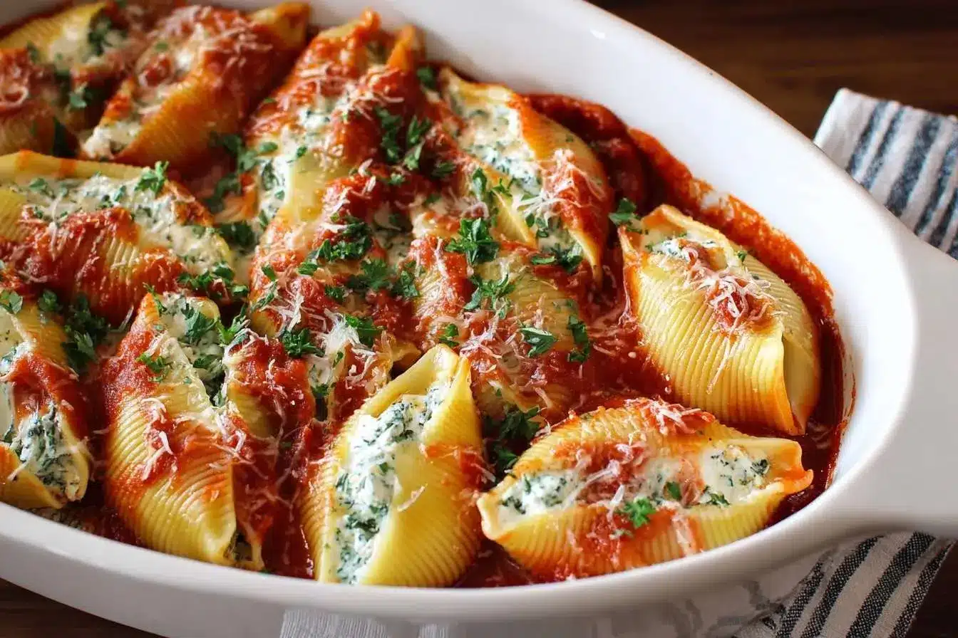 A white baking dish filled with cheesy Ricotta Stuffed Shells baked in a rich tomato sauce and garnished with fresh parsley.