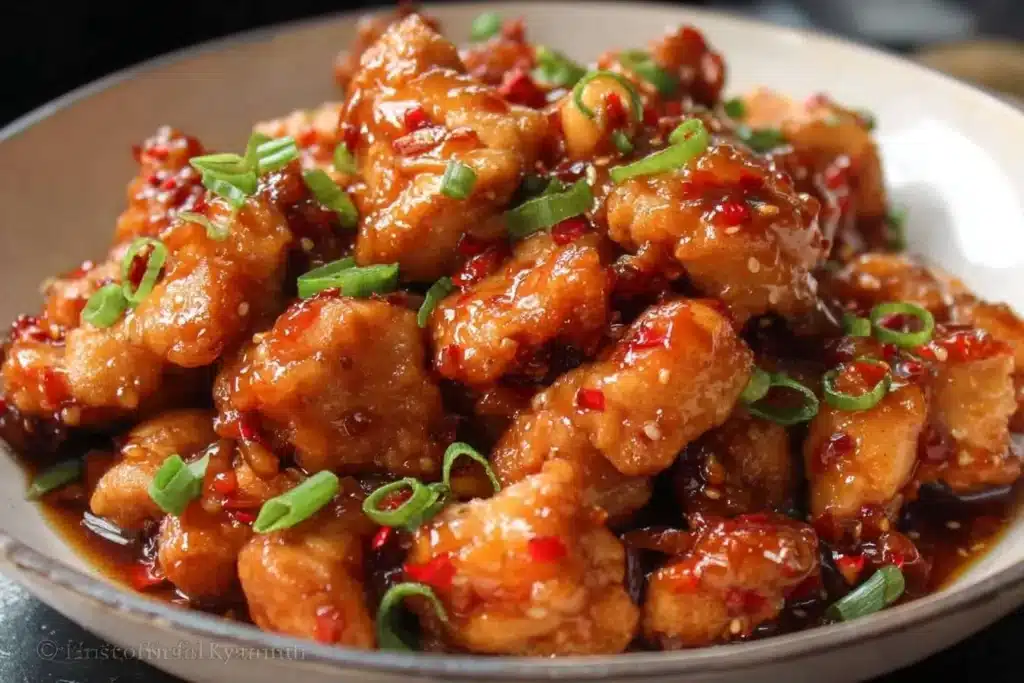 A close-up view of a bowl of homemade General Tso's Chicken, coated in a sweet and spicy sauce and garnished with scallions.