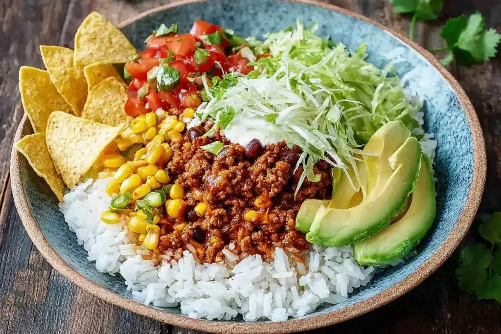A colorful burrito bowl with ground beef, rice, corn, salsa, avocado, shredded lettuce, sour cream, and tortilla chips.