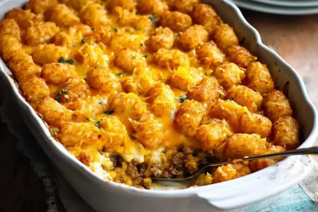 A freshly baked Tater Tot Casserole in a white dish, with a spoon lifting a scoop to show the ground beef layer.