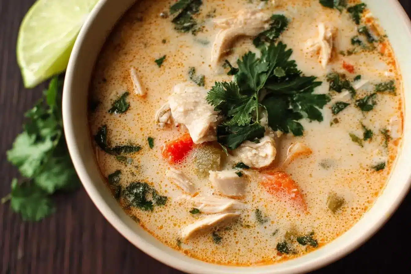 A close-up overhead shot of a bowl of Creamy Chicken Soup garnished with fresh cilantro, with a lime wedge on the side.