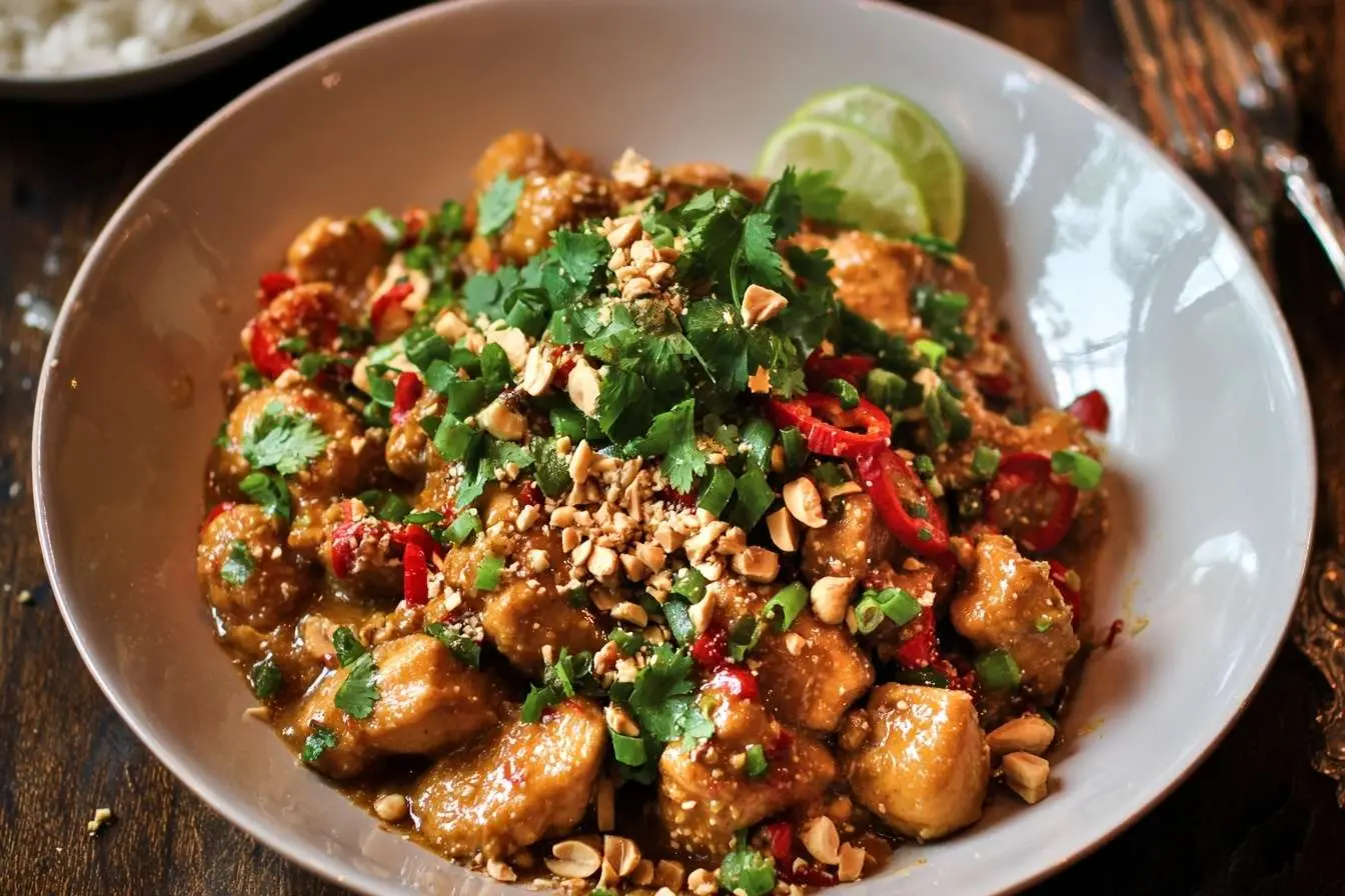 A close-up of a bowl of savory peanut chicken, garnished with fresh cilantro, crushed peanuts, and red chilies.