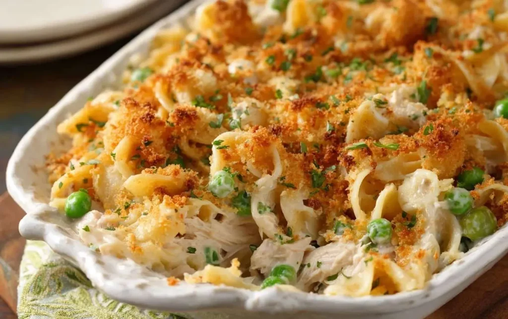 A close-up of a classic tuna noodle casserole in a white baking dish, topped with toasted breadcrumbs, peas, and fresh parsley.