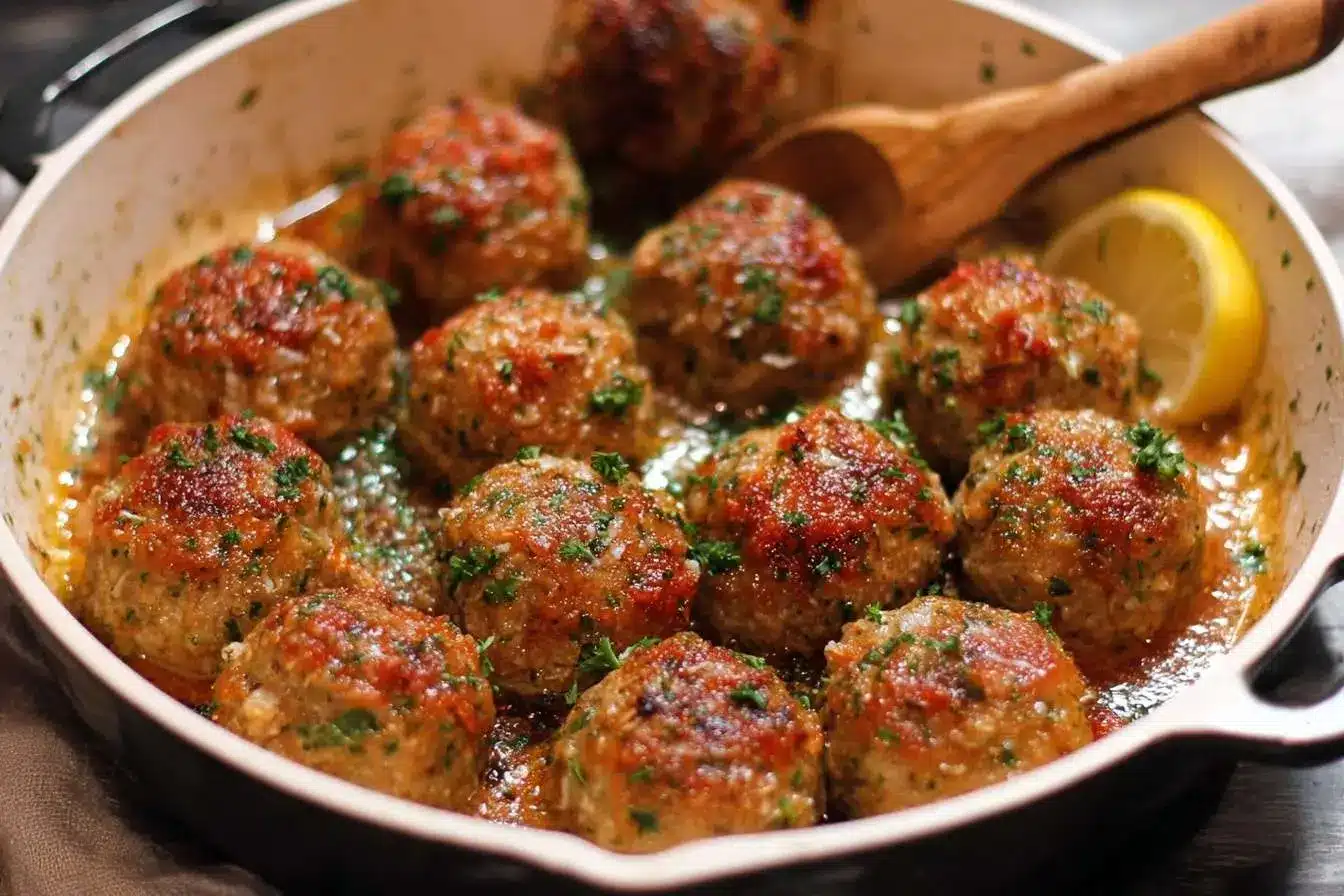 A close-up shot of baked turkey meatballs simmering in a savory sauce in a white skillet, garnished with fresh parsley.