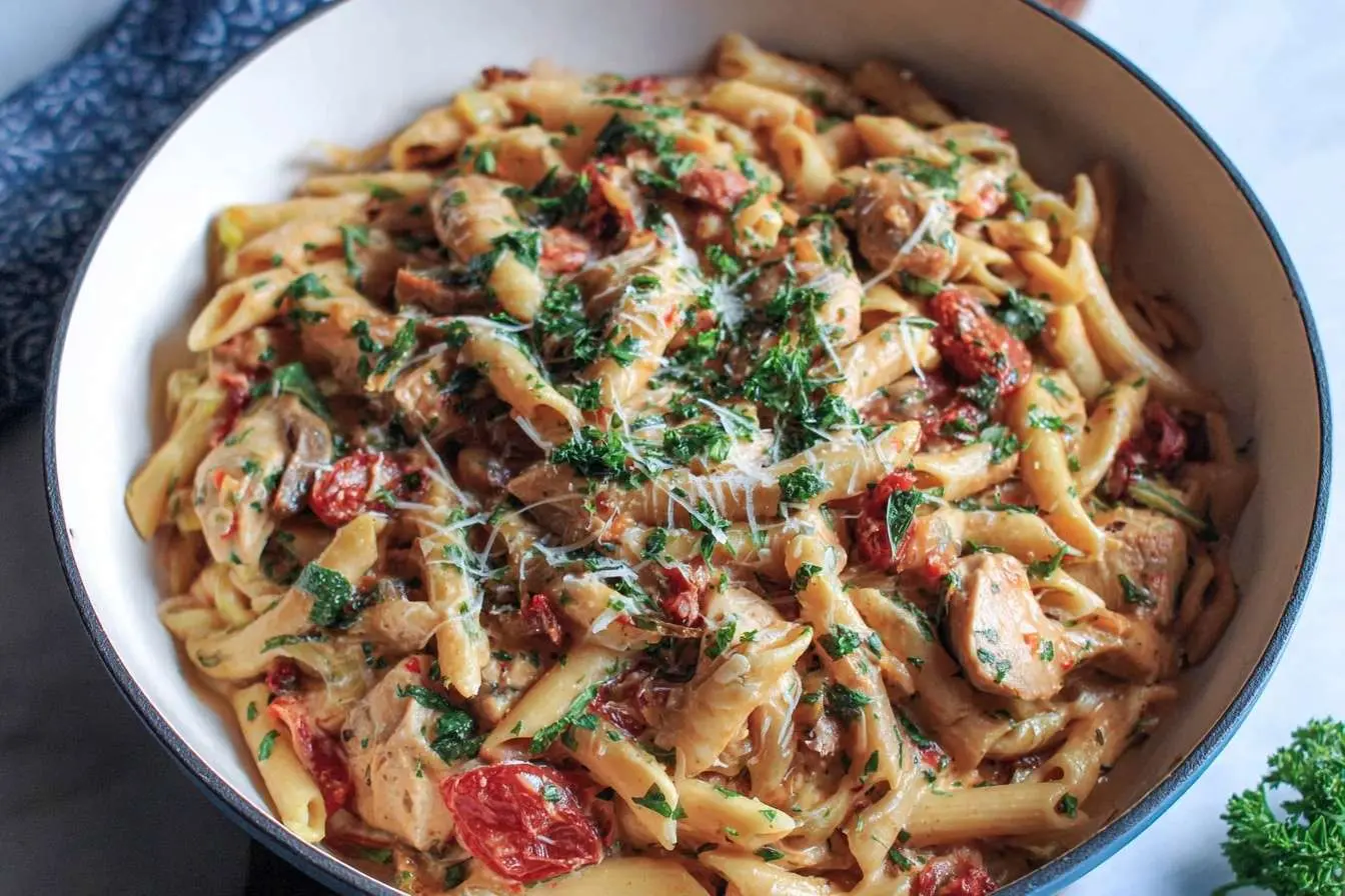 A close-up of a white pot filled with creamy Tuscan chicken pasta, featuring sun-dried tomatoes and topped with fresh parsley.