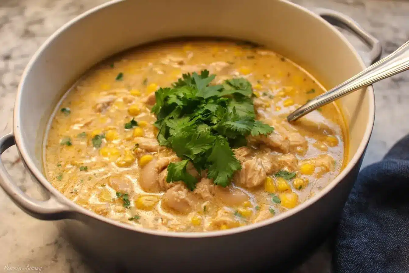 A large pot of creamy white chicken chili filled with shredded chicken, beans, and corn, garnished with fresh cilantro.