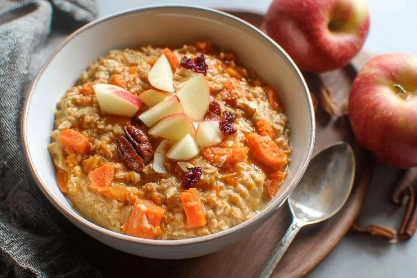 A white bowl of carrot cake oatmeal topped with fresh apples, pecans, and dried cranberries, with whole apples in the background.