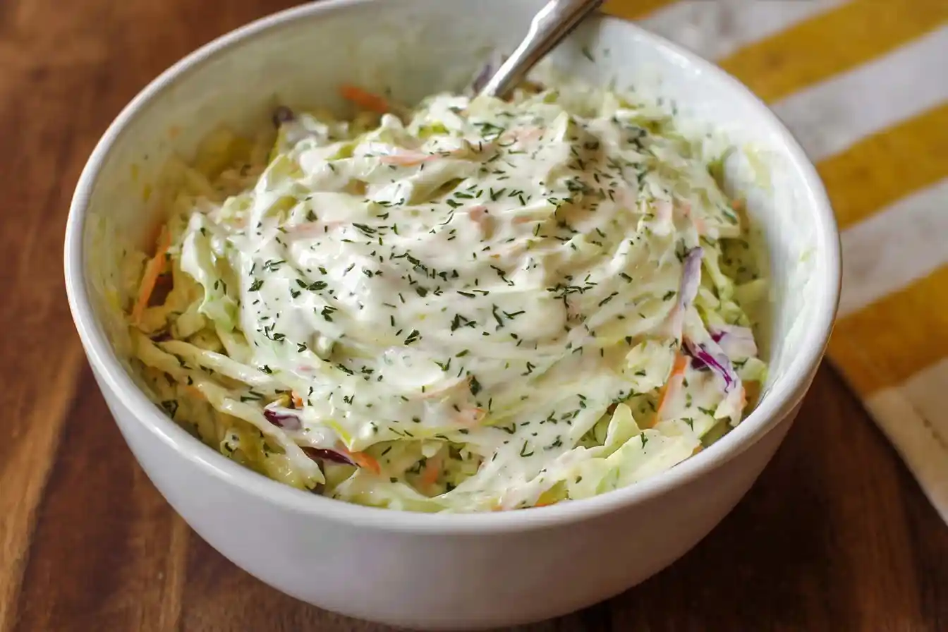 Overhead view of a white bowl filled with creamy coleslaw garnished with herbs on a wooden table.