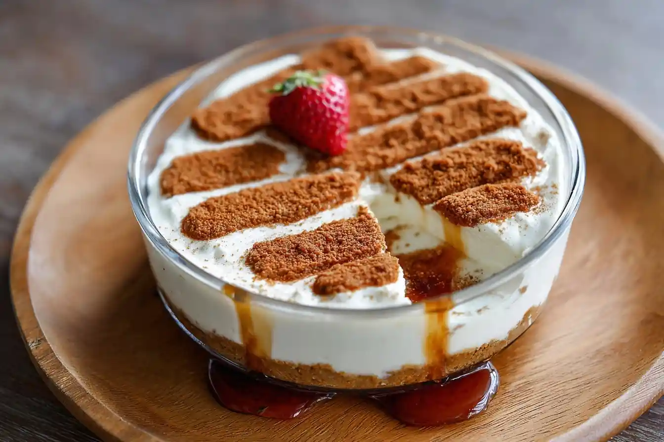 Close-up of a creamy Lotus Biscoff cheesecake in a glass dish, topped with cookie crumbs and a fresh strawberry.