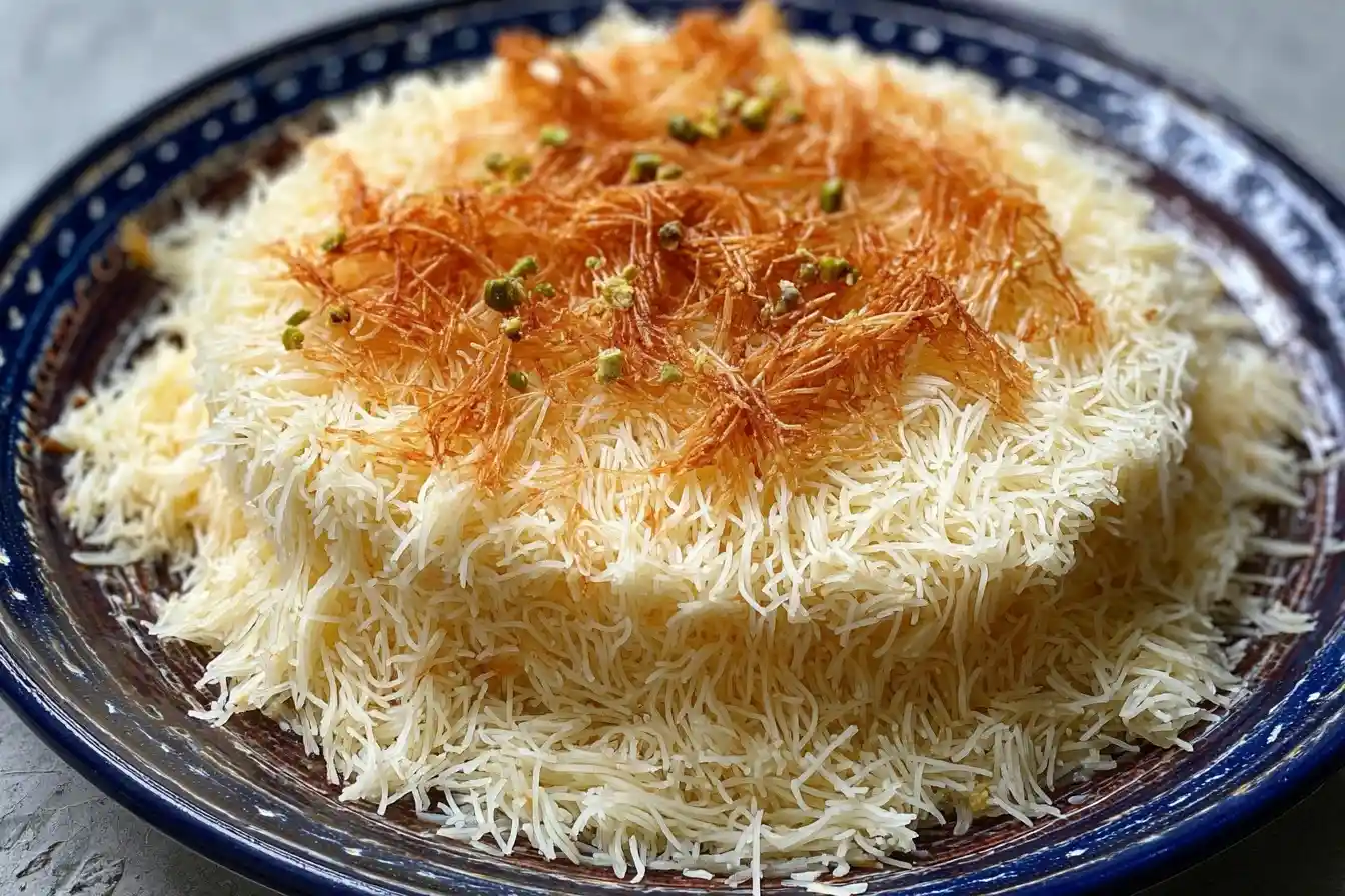 Platter of Moroccan Seffa featuring steamed vermicelli topped with browned noodles and pistachios on a blue plate.