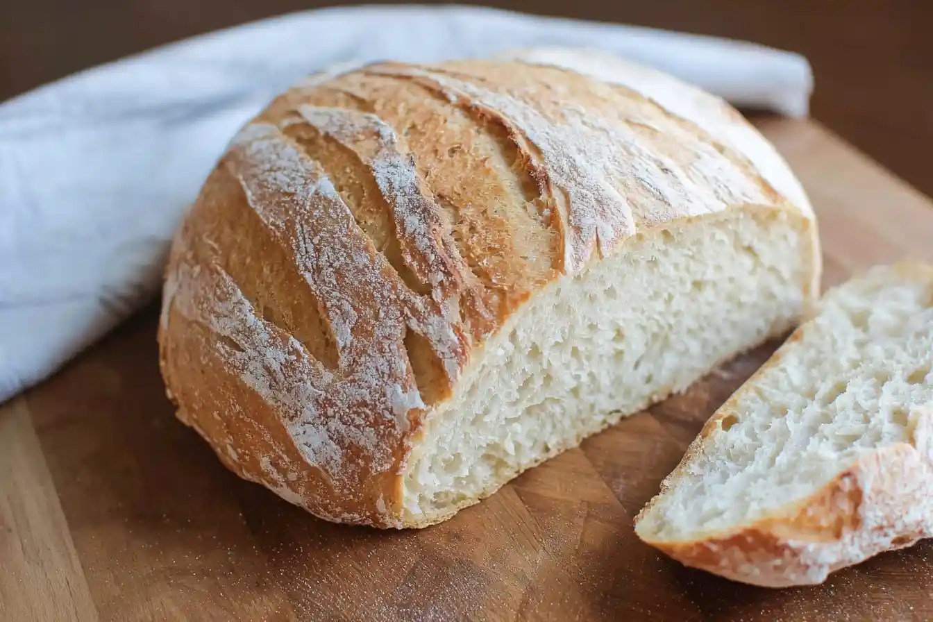 Sliced round loaf of homemade crusty bread on a wooden cutting board showing a soft white crumb