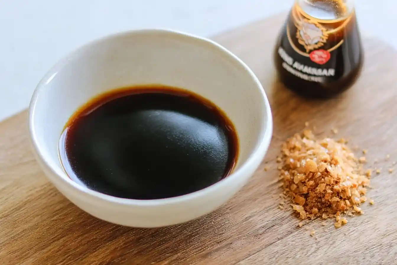 Small white bowl filled with dark Kecap Manis next to a pile of crushed palm sugar on a wooden board.