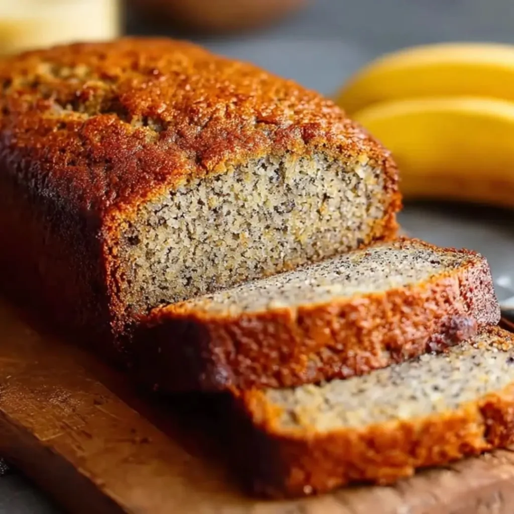 Slices of moist, golden-brown almond flour banana bread on a wooden board with fresh bananas in the background.