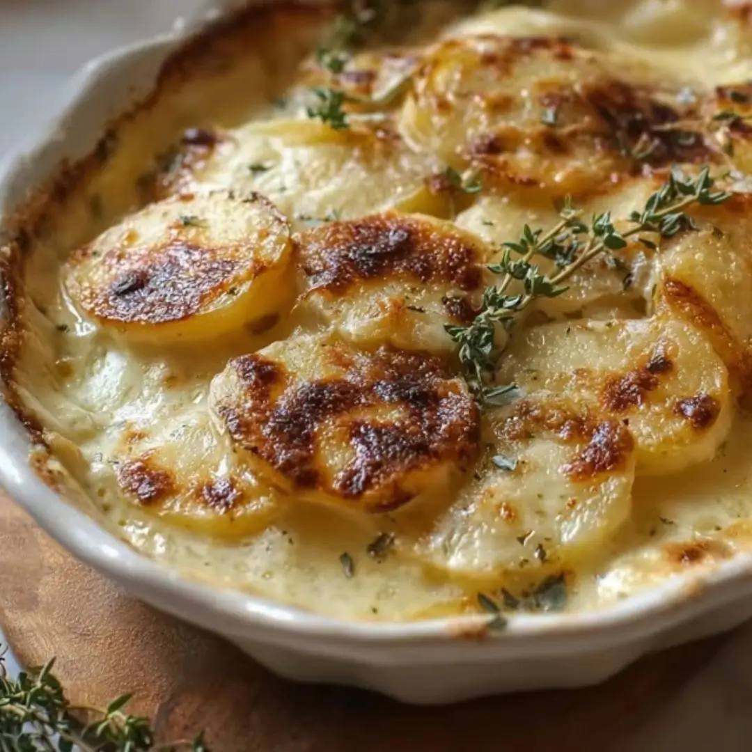 A close-up of a white scalloped baking dish filled with thinly sliced Yukon Gold potatoes in a creamy white sauce, topped with melted, browned cheese and fresh sprigs of thyme.