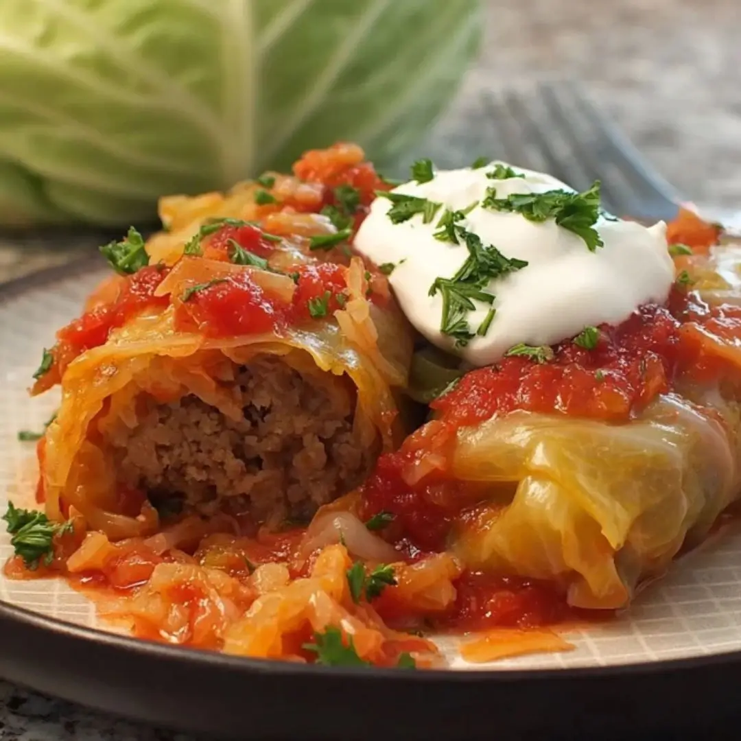 A close-up of two tender Crockpot Cabbage Rolls topped with vibrant tomato sauce, fresh parsley, and a dollop of sour cream on a plate.