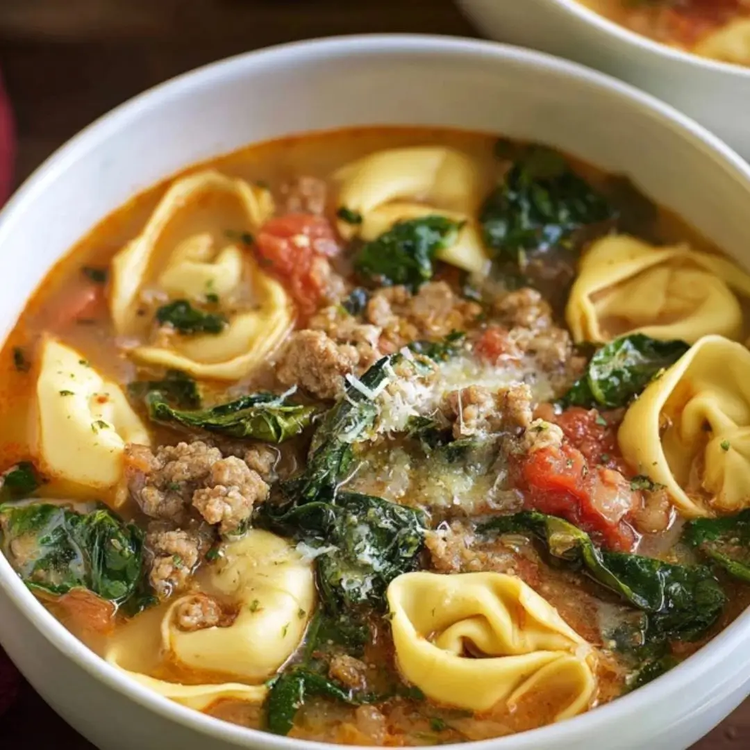 A close-up shot of a white bowl filled with creamy Italian sausage tortellini soup, featuring cheese-filled pasta, wilted spinach, and crumbled sausage in a tomato-based broth topped with Parmesan.