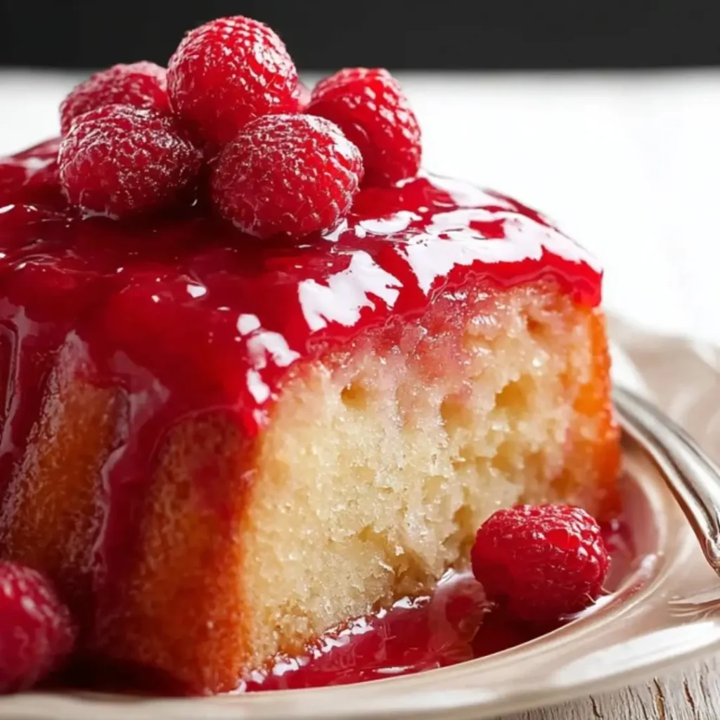 A slice of moist buttermilk cake topped with a thick, glossy red raspberry sauce and fresh whole raspberries.