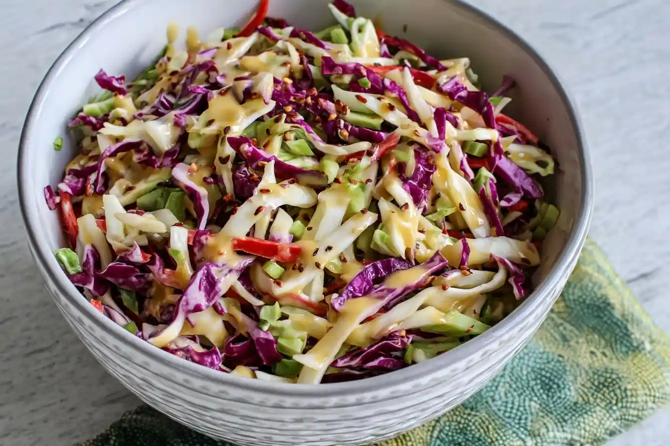 Overhead view of a bowl of crunchy Asian Coleslaw with purple cabbage, green cabbage, and creamy dressing.