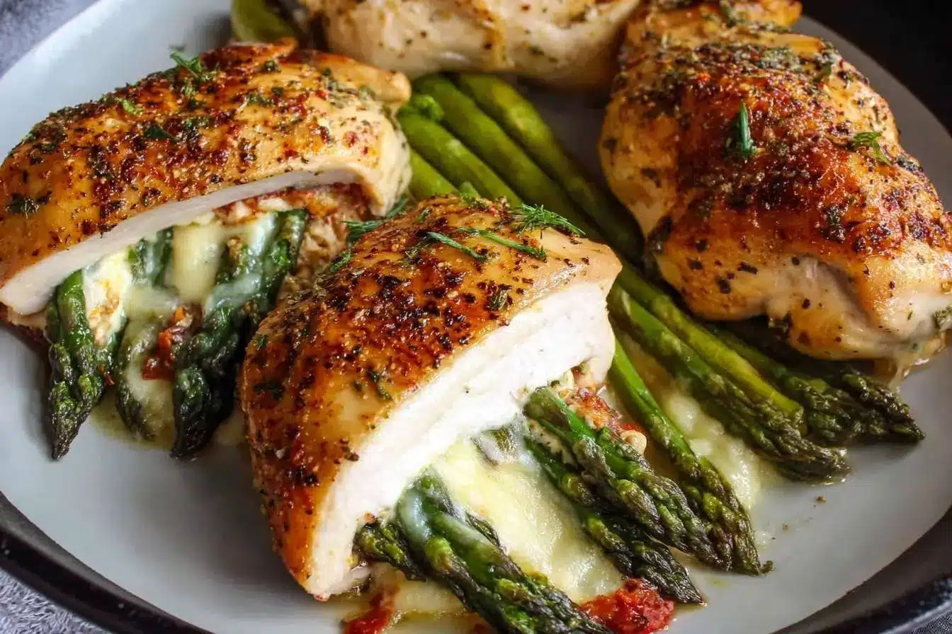 A close-up of golden-brown Asparagus Stuffed Chicken Breast, sliced to reveal melted cheese and tender asparagus spears inside.
