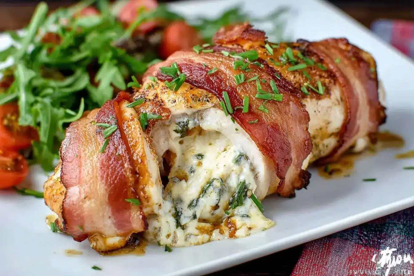 A juicy Bacon Wrapped Stuffed Chicken breast sliced open to reveal a creamy spinach and cheese filling on a white plate.