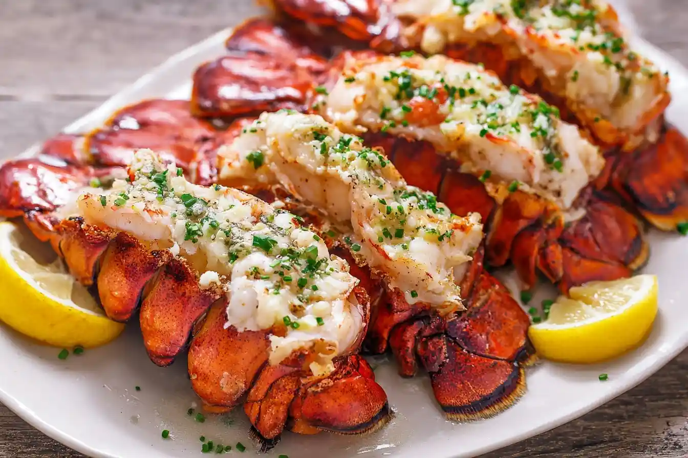 Close-up of four juicy broiled lobster tails topped with herbs and garlic butter on a white platter