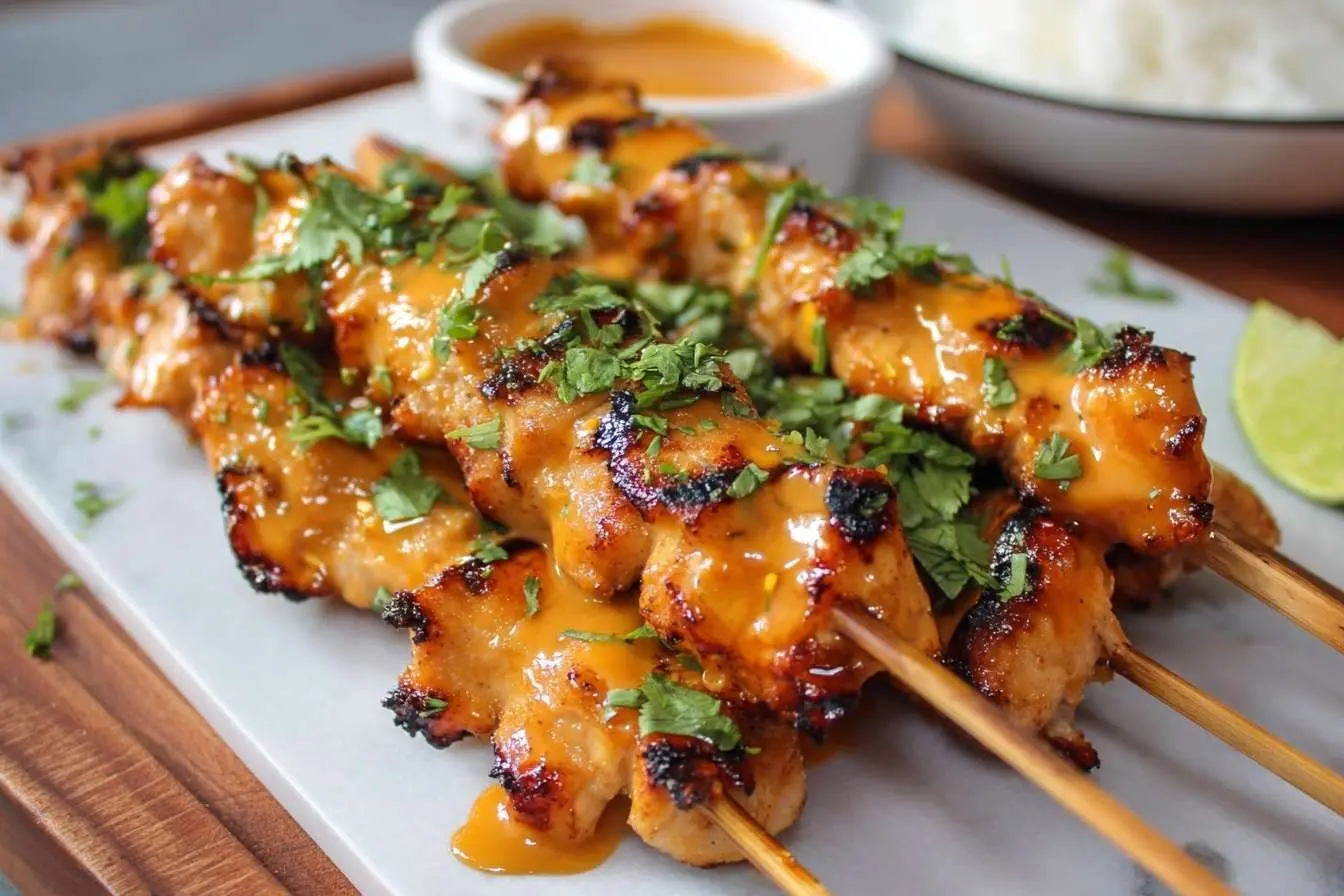 Grilled chicken satay skewers on a platter, drizzled with peanut sauce and garnished with fresh cilantro.