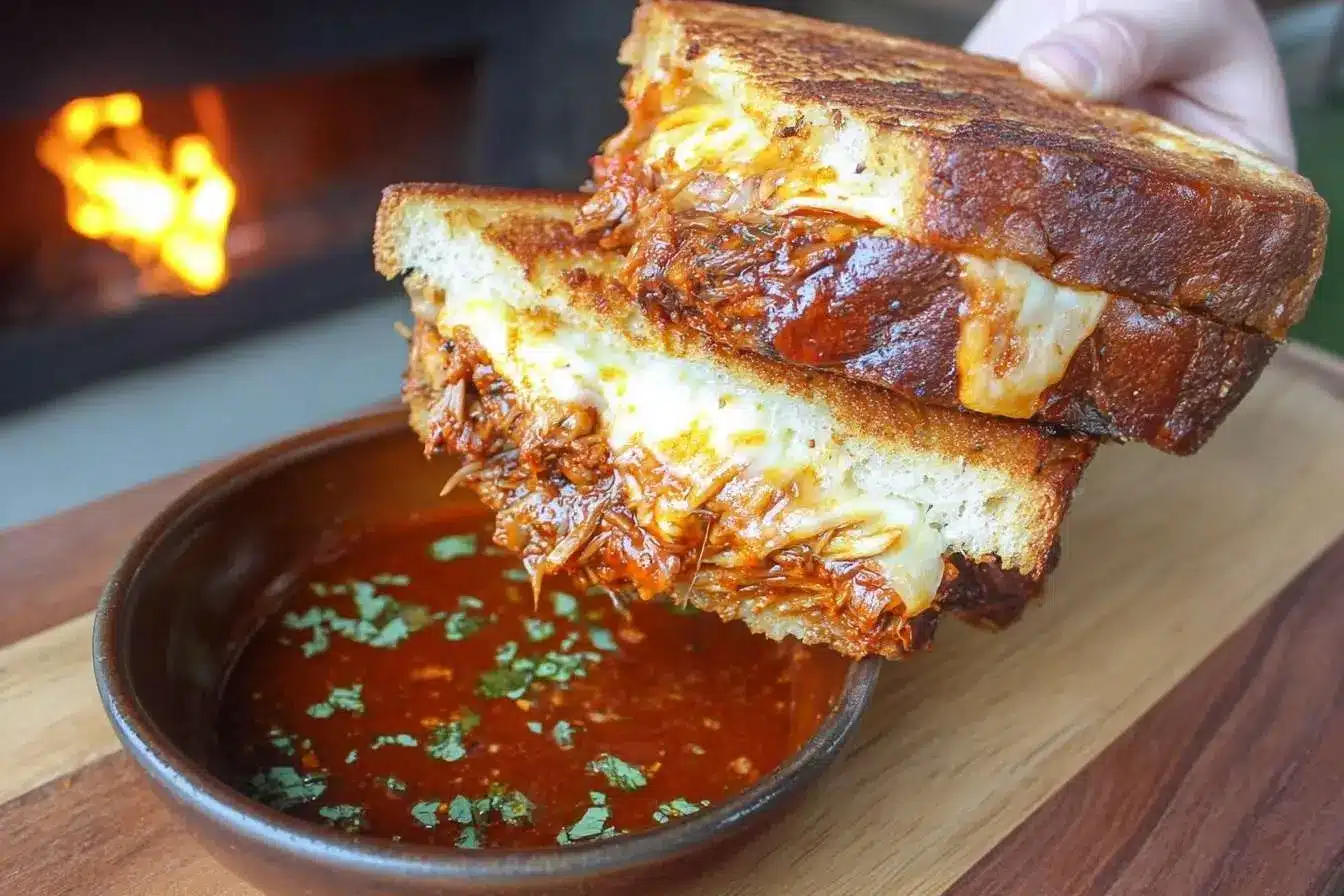 A cheesy Birria Grilled Cheese sandwich, cut in half and held over a bowl of consommé for dipping, with a fire in the background.